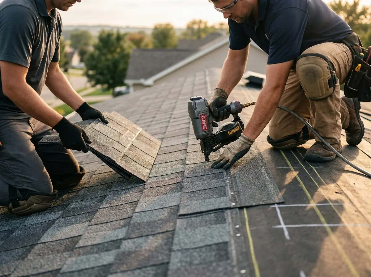 Professional roofer working on a residential roof in Anchorage